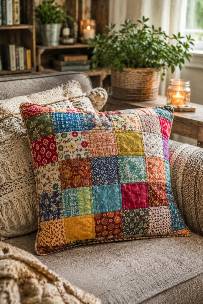 Fabric Scrap Patchwork Throw Pillow